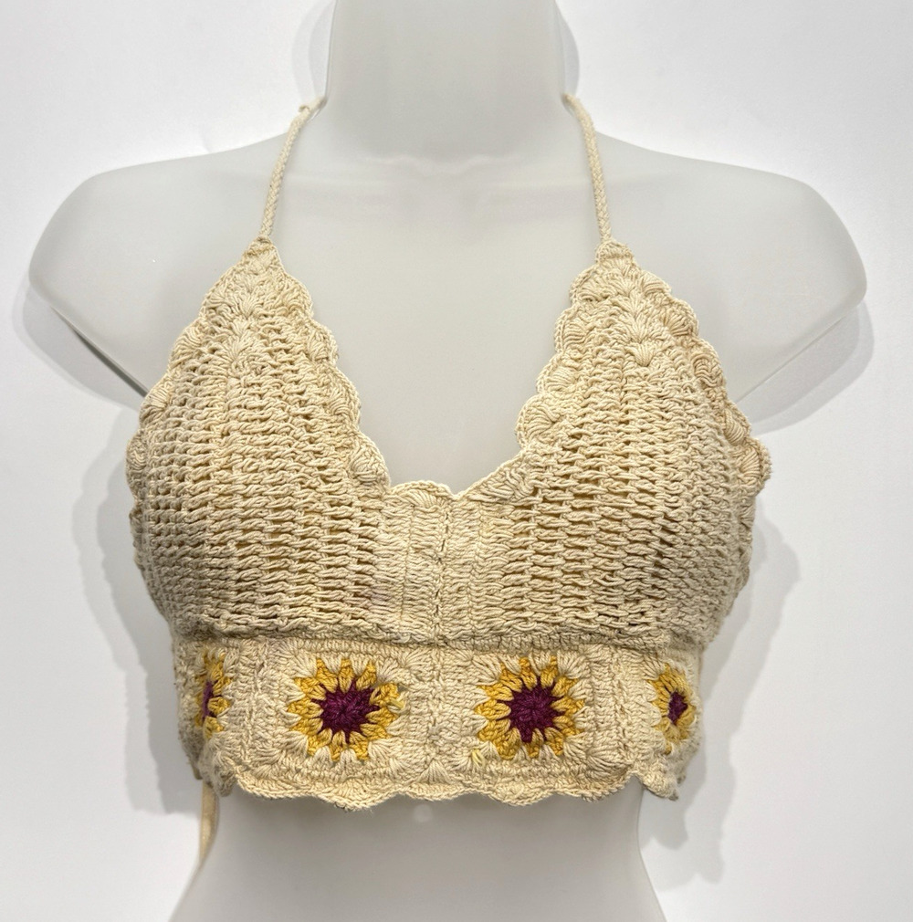 Women's Crochet Sunflower Crop Top Sz M Cream Cotton Boho Festival Coachella